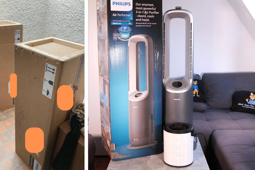 Die Lieferkartons des Philips Air Performer 8000 und 7000 stehen im Treppenhaus beieinander und sind sehr groß.